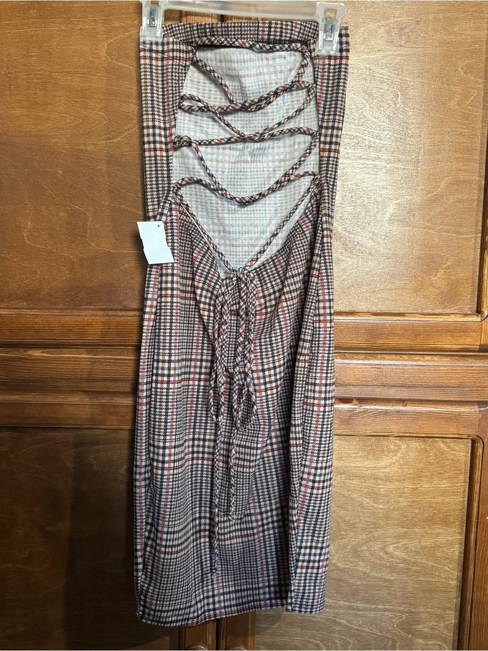 Tailored Plaid Pencil Dress in Brown and Red